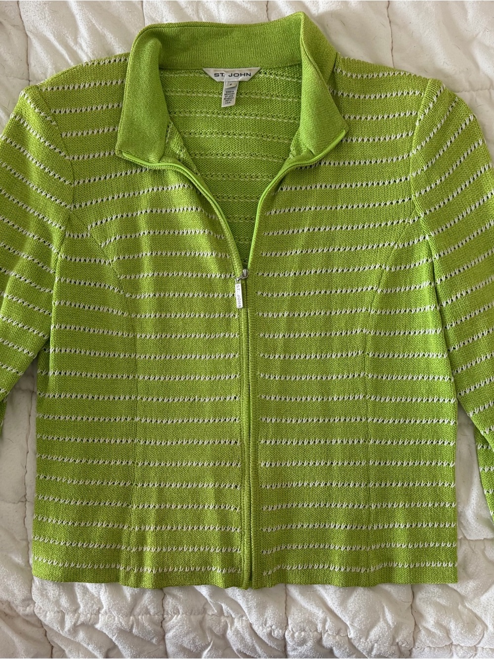 St. John Lime Green Striped Knit Zip Jacket Size Small